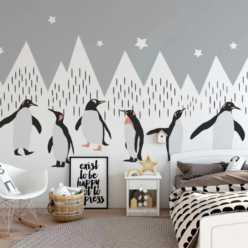 Customized 3D Cartoon Mural Snow Mountain Penguin Animal Wallpaper Children's room Living room TV background bedroom restaurant