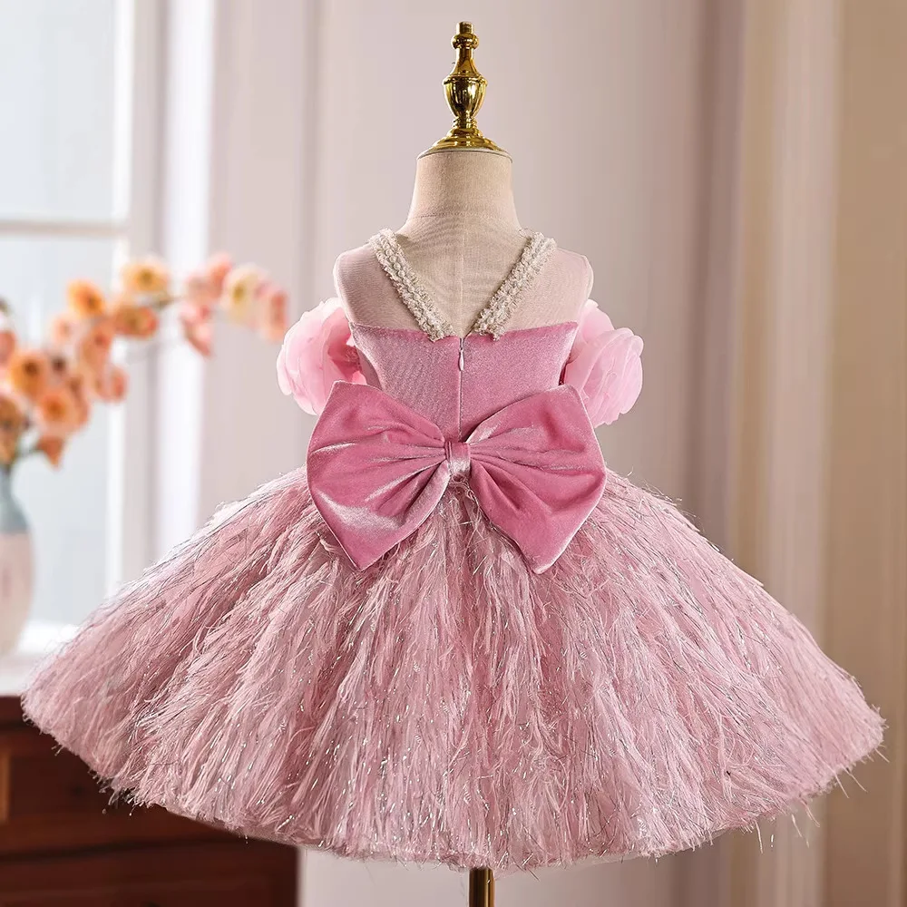 

Girl baby one year old dress, princess flower girl wedding, pink children's birthday party, fluffy dress, host