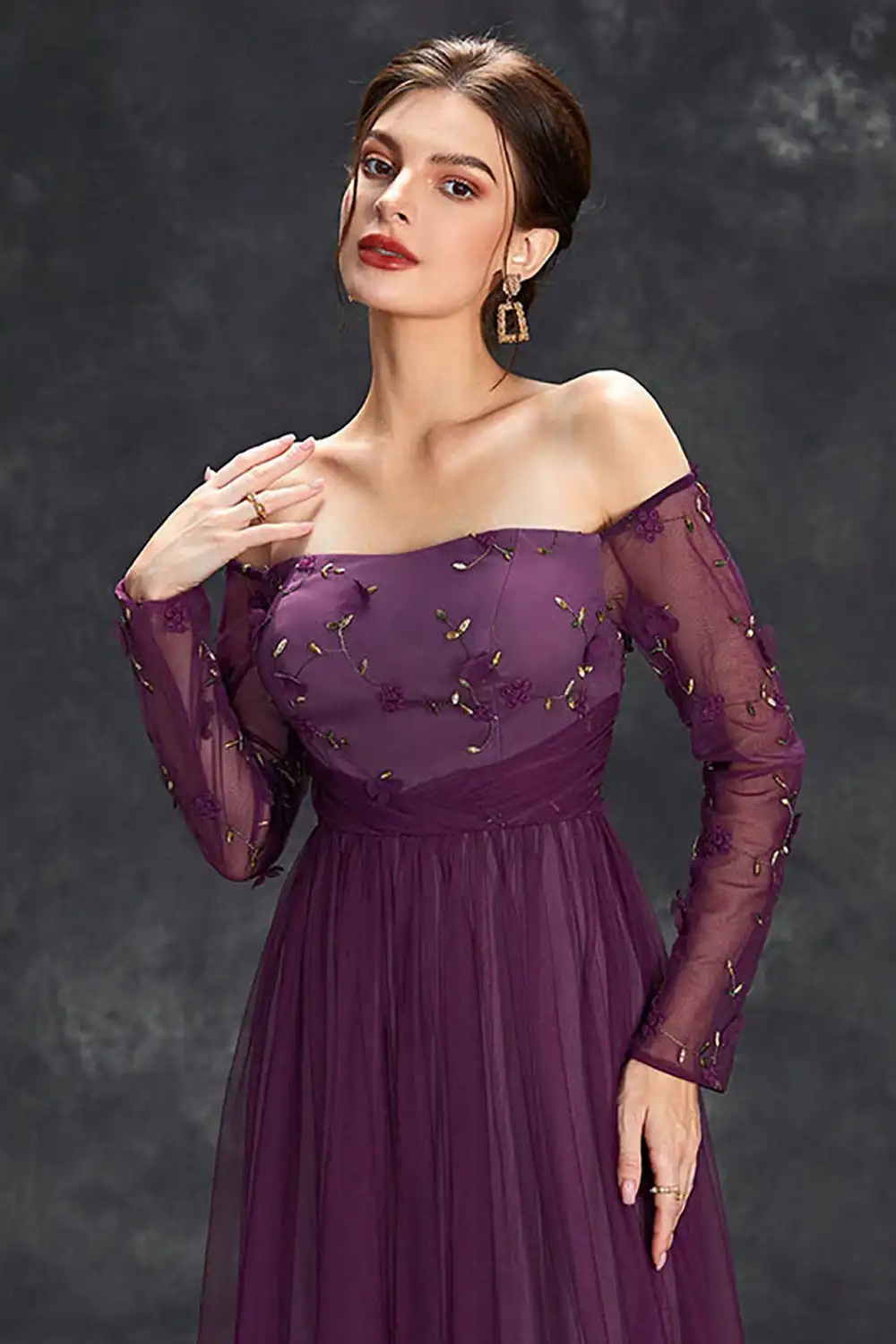 Vestido Formal de tul con hombros descubiertos, traje de fiesta elegante, color morado oscuro, 2024