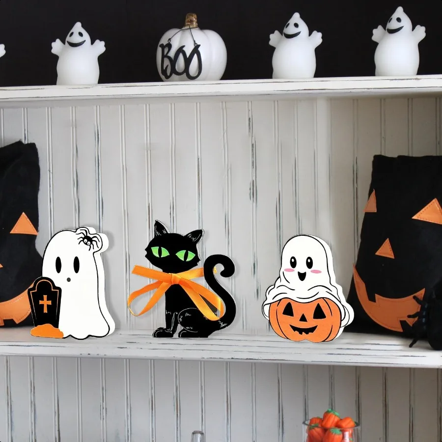 Cute Ghost Halloween Decorations Wood Indoor Set of 3 Spooky Black Cat Wooden Tiered Tray Decor Blocks Plank Signs for Indoor P