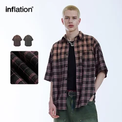 INFLATION Gradient Plaid Shirt Unisex Heavyweight Overszied Checked Short Sleeved Shirts Plus Size