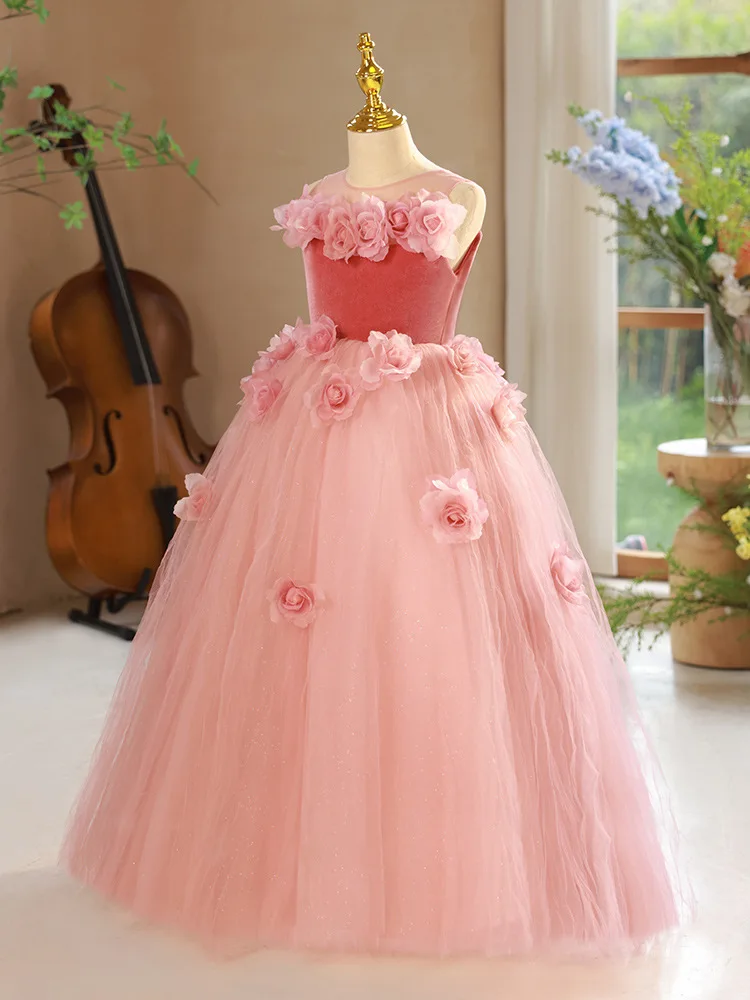 Customized Pink Baby Flower Girl Dresses Tulle 3D Flower Princess Prom Birthday Party Gowns Formal Occasion