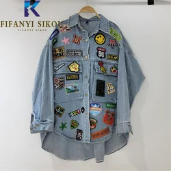 Asymmetrical Denim Jackets Women Streetwear Fashion Badge Embroidery Jeans Jacket Pocket Lapel Loose Jeans Coat Female 2022 New