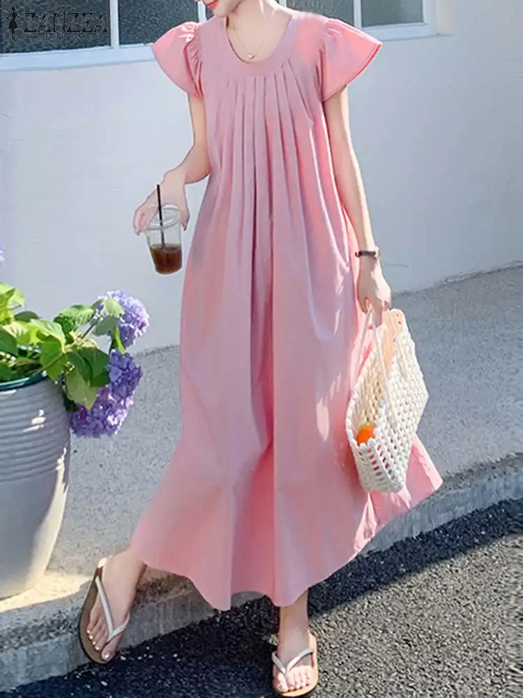 

ZANZEA 2024 Korean Pleated Long Dress Women Summer Beach Cap Sleeve Vestidos Sweety Round Neck Swing Robe Holiday Solid Dresses