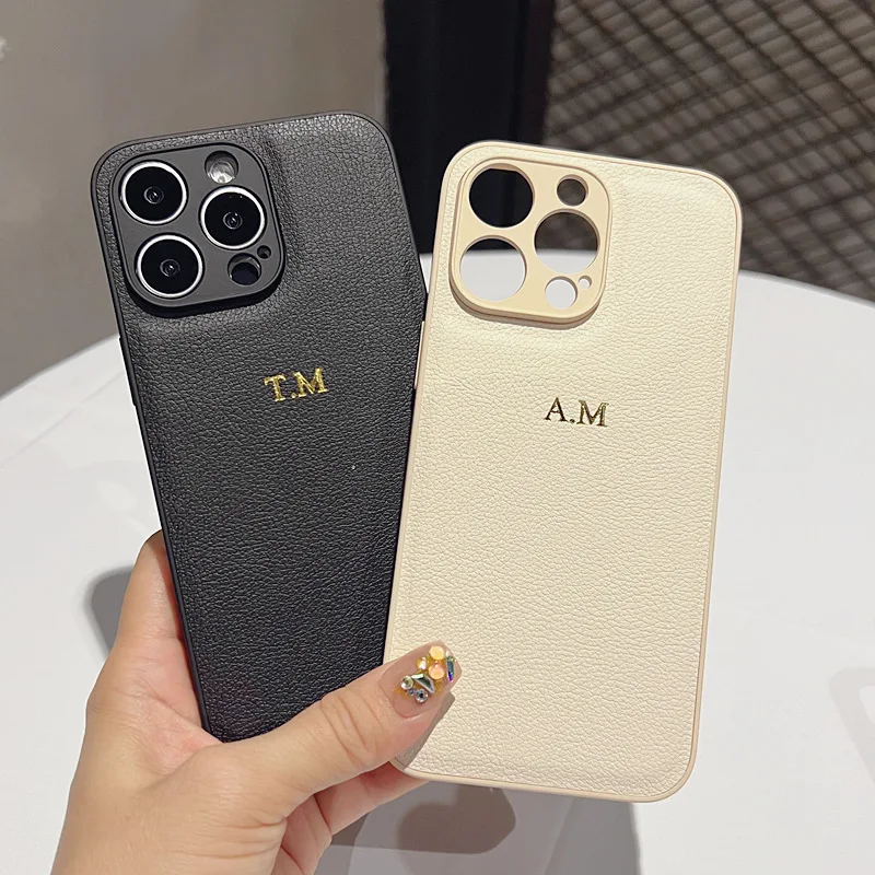 Luxury Personalised Case For iPhone 16 15 14 13 12 11 Pro Max Customized Name initials Letter Leather Cover 7 8 plus XR XS max