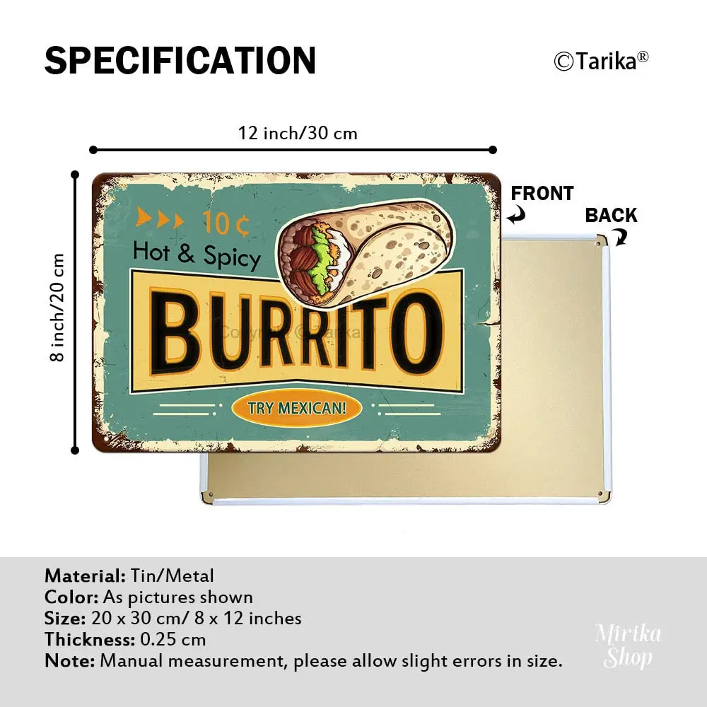 Burrito Vintage Tin Sign Funny Poster Metal Plaque for Home Kitchen Restaurant Bar Dining Room Art Wall Decor 8×12 Inch