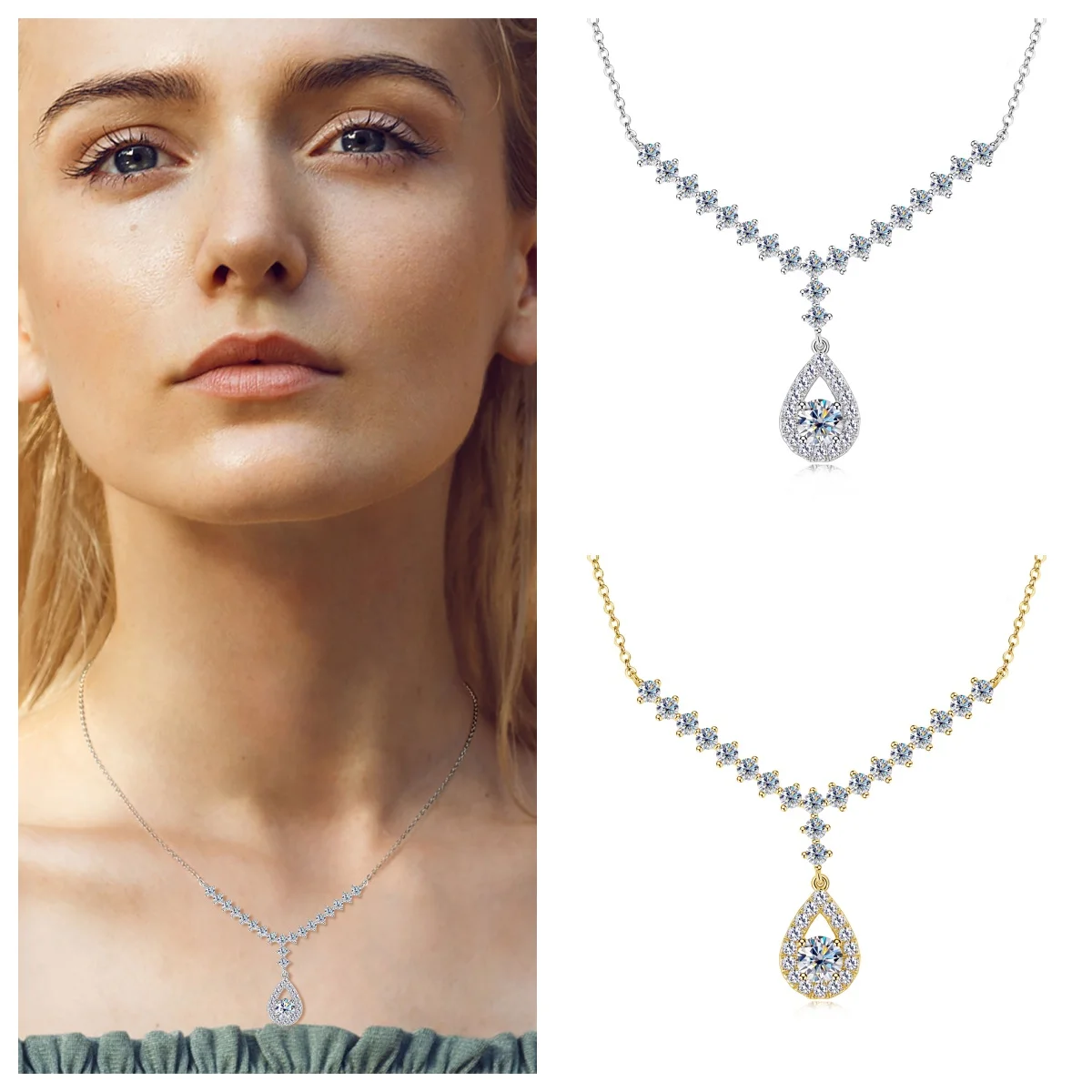 

Romantic Round Moissanite Water Drop Pendant Necklace Silver 925 Luxury Wedding Jewelry Gift