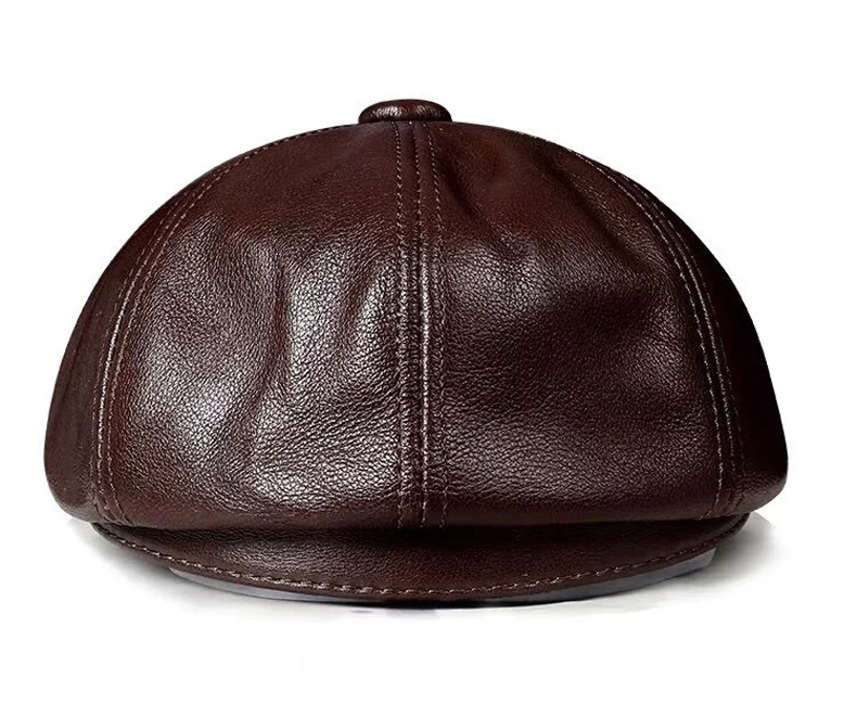 Spring New Genuine Leather Hat Cap Cowhide Beret Warm  Cotton Men Padding Brand Brown/Black Duck Hat