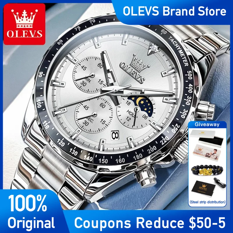 

OLEVS Mens Watch Fashion stainless steel Quartz Wristwatch Waterproof Luminous Moon Phase date Chronograph Brand Reloj Hombre