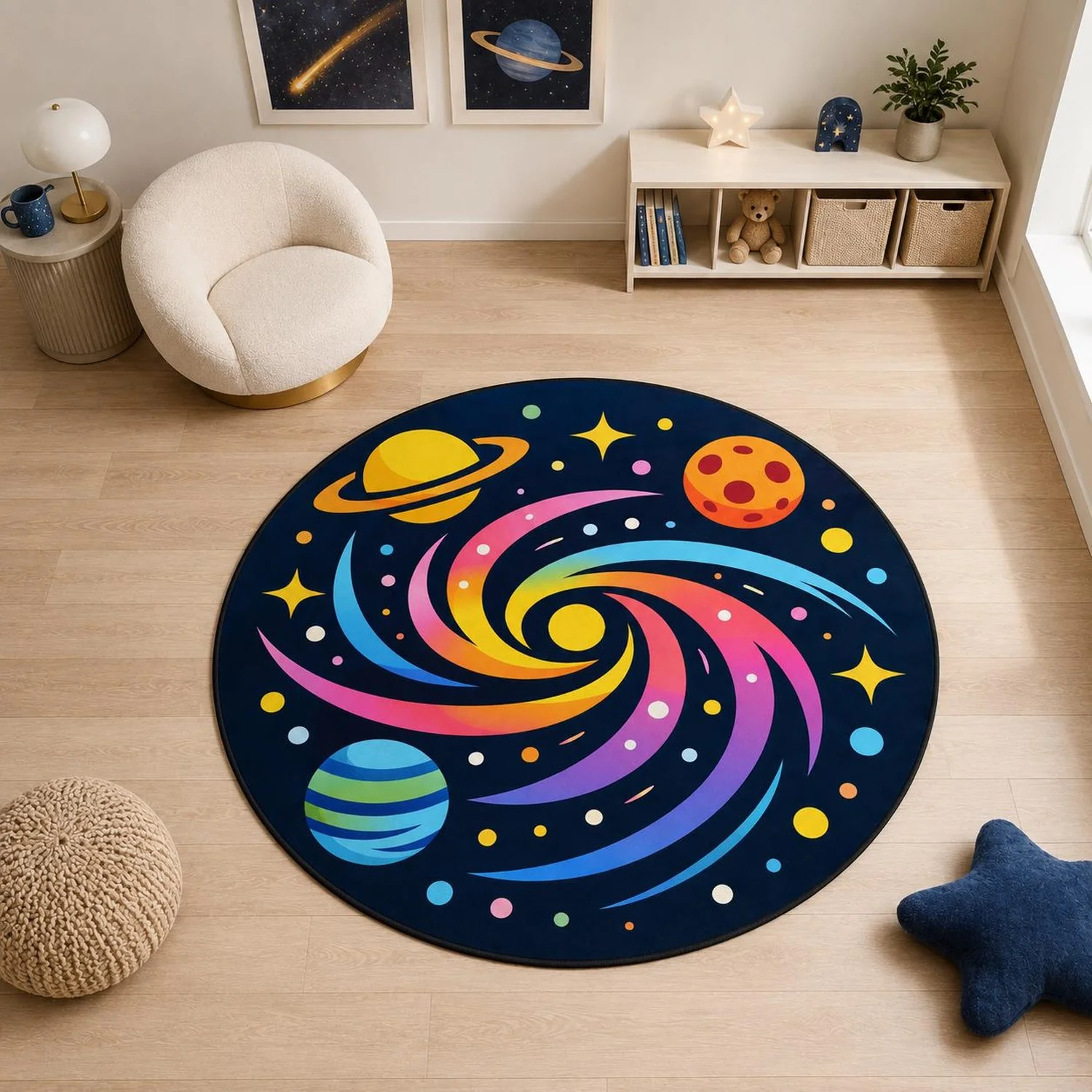 Starry Sky Round Carpet, Colorful Space Carpet, Children's Room Decoration