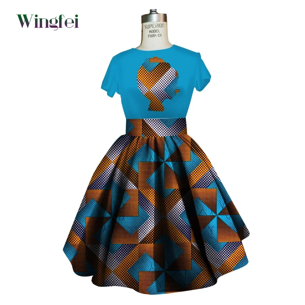 2 Pieces Set African Print Skirt and Top Patchwork Africa Style T-shirt and Short Skirt Dashiki Dress African Men Boubou WY2726