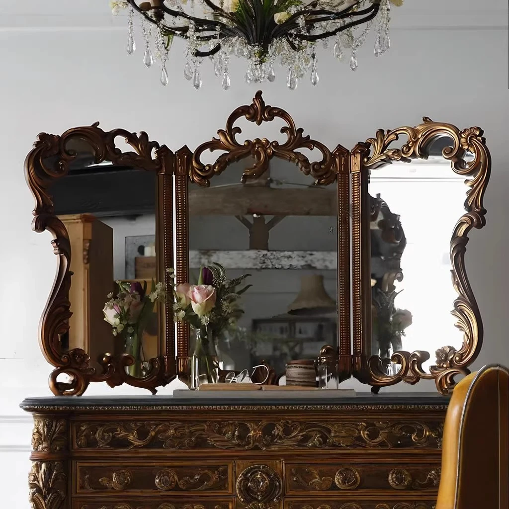 Vintage Rococo Carved Tri-Fold Vanity Mirror, French Retro Solid Wood Makeup Mirror for Bedroom