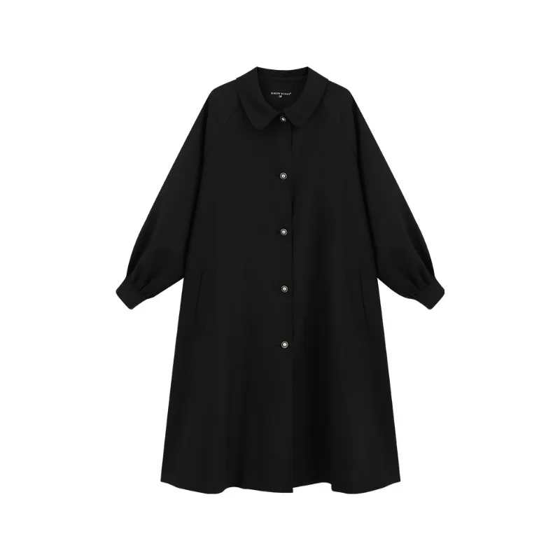 빈티지 우아한 루즈핏 블랙 트렌치코트 여성용 중간 길이 캐주얼 슬림핏 가을용 소형 프레임 패션 캐주얼 의상