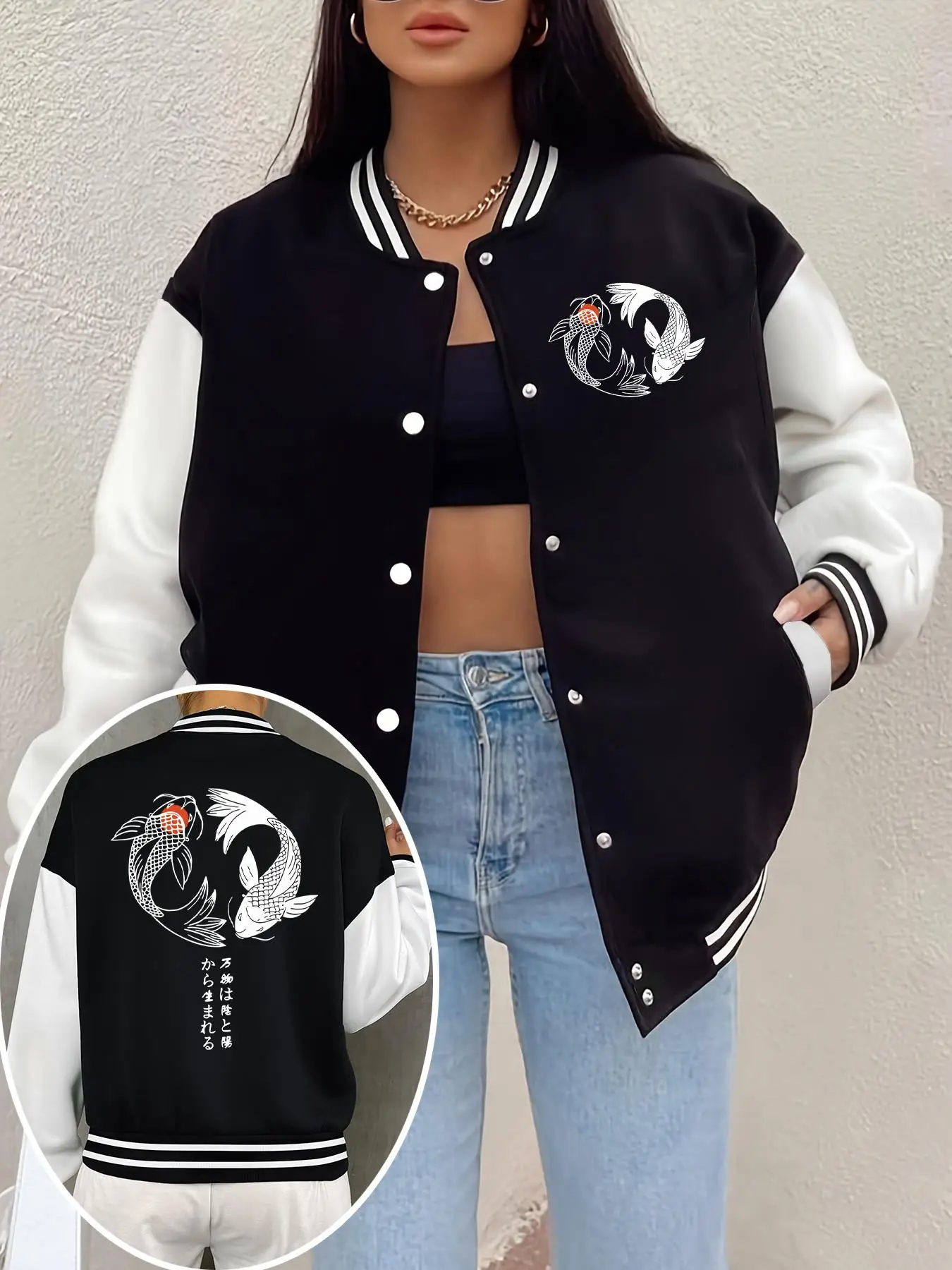 Japanese Koi Harajuku Illustration Pattern Women'S Jackets Casual Pocket Baseball Uniform Loose Streetwear Autumn Fleece Clothes