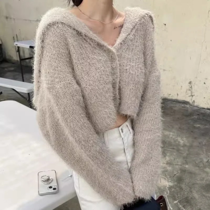 

Korean Fashion Sailor Collar Cropped Sweater Cardigan Women Autumn Sexy Short Woman Single Breasted Solid Color Knitwear