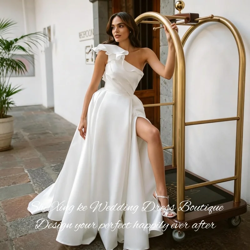 Romantic One Shoulder Satin Dress 3D Flower Decor Side Split Lace Up Bridal Vestidos De Novia Customized