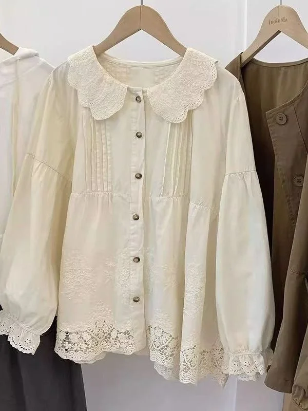 Plus Size Dames Irt Geborduurd Kant Uitgehold Lange Sve Princ Kraag Lente Herfst Loose Fit Afslanken Casual Top