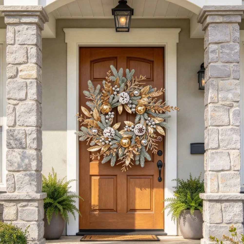 Frosted Pine Branch Wreath with Gold Accents for Christmas Door Decor 50cm Festive Wreath for Living Room Entryway and Wall Use
