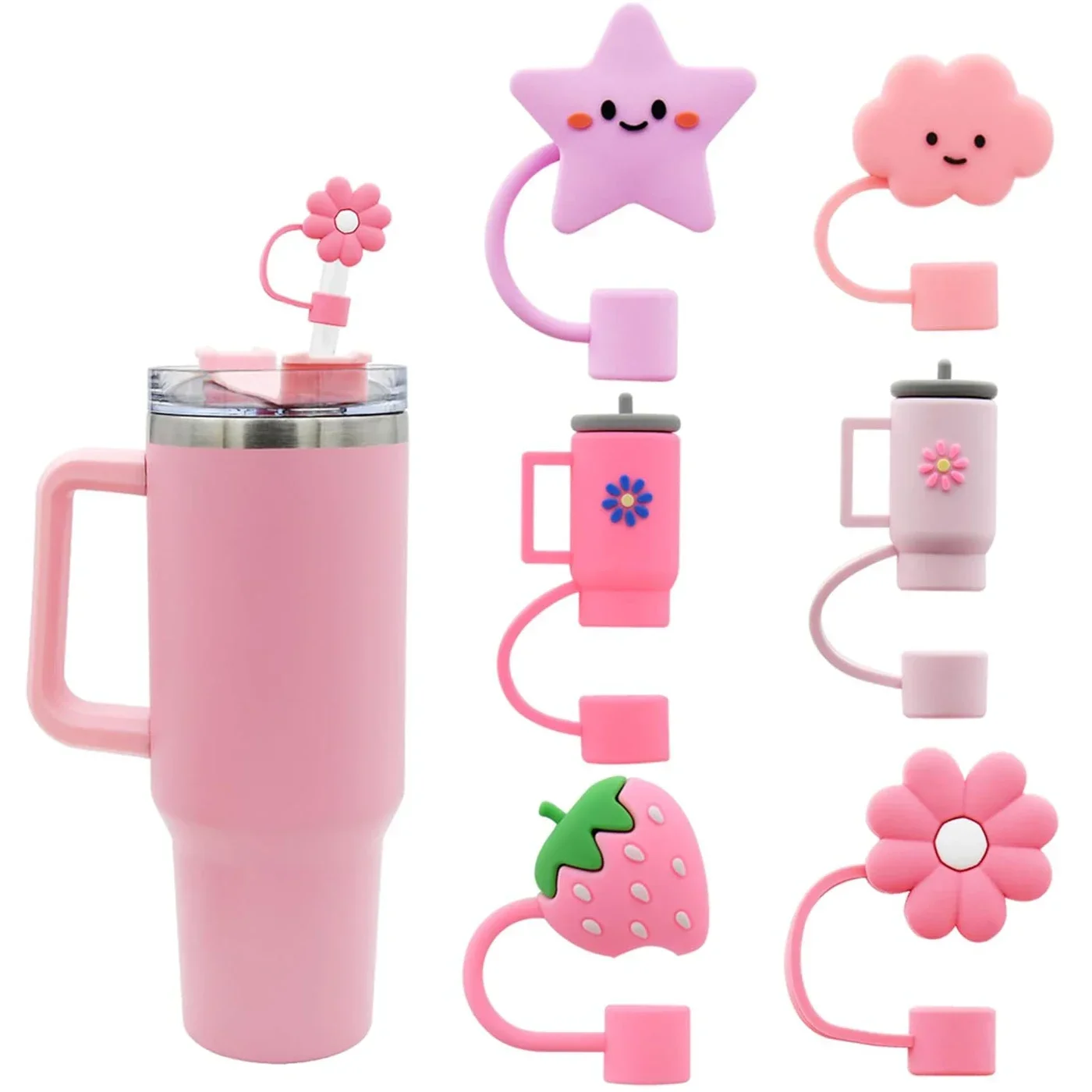 6PCS Straw Cover Cap For Stanley Cup Accessories Cute Flower Straw Toppers For Tumblers 10mm Silicone Straw Covers For Stanley