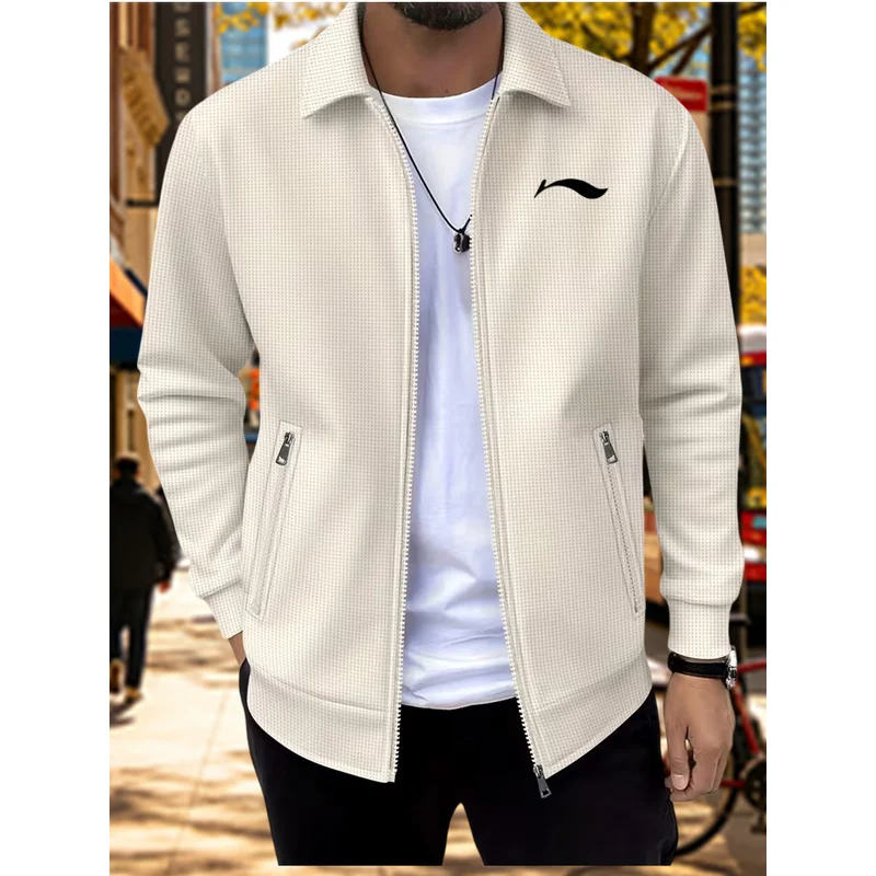 Men's Waffle Knit Collar Jacket, New Spring and Autumn Style, High-End Casual Zipper Coat
