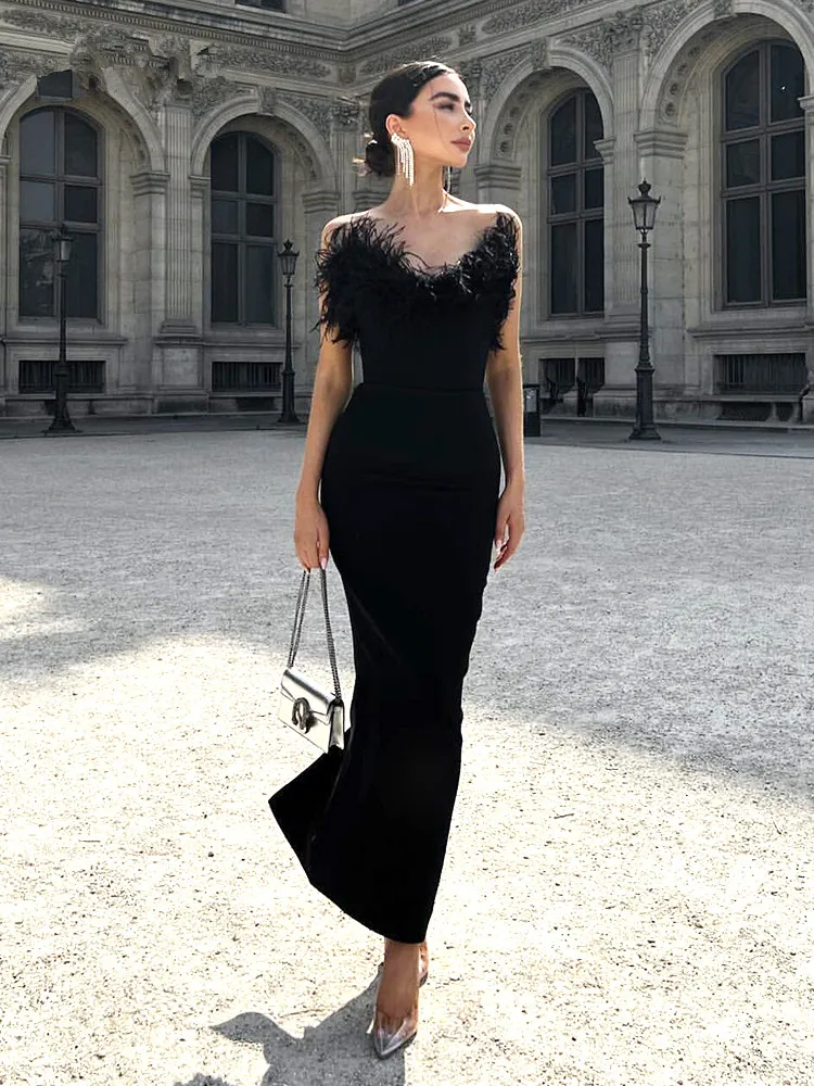 

Women Summer Sexy Strapless Backless Black Feather Maxi Long Bodycon Bandage Dress 2024 Elegant Evening Party Club Dress