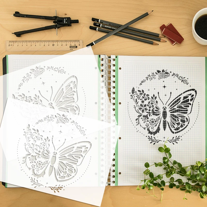 Nubecom-蝶の花柄の絵の透かし彫りのテンプレート、再利用可能な蝶、DIY落書き装飾、ステンシルクラフト用品、1個