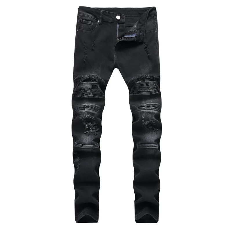 Wrinkled Motorcycle Pants, Men's Long Pants with Slight Elasticity, Small Straight Tube, Slim Fit, Men's Worn-out Jeans