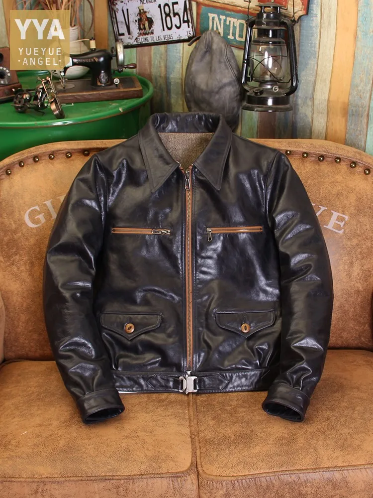 Top Quality Men Horsehide Leather Jacket Vintage Short Cargo Work Coat Moto Biker Autumn Winter Windproof Genuine Leather Jacket