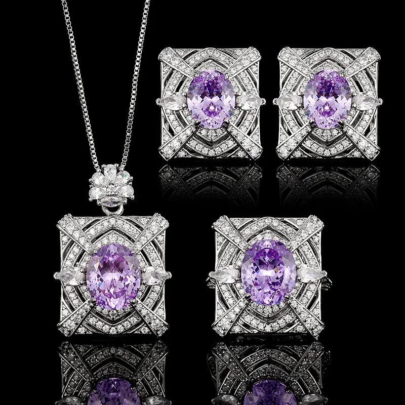 

Purple Oval Cubic Zirconia Adjustable Ring Square Vintage Style Necklace Stud Earrings for Women Party Wedding Fashion Jewelry