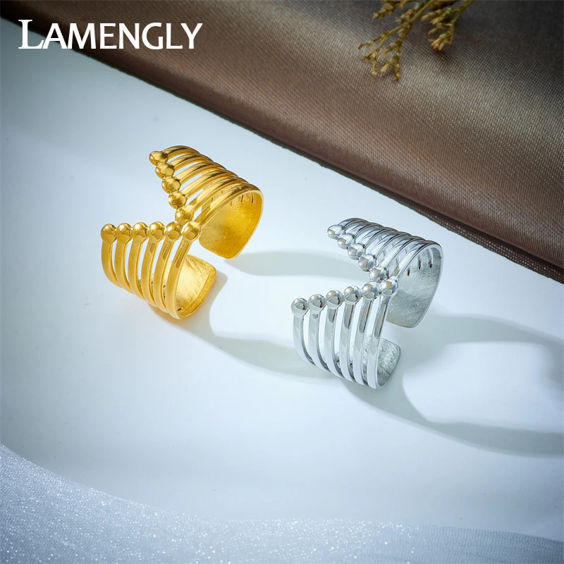 LAMENGLY 316L Stainless Steel Gold Color Crown Finger Ring For Women New Fashion Girls Adjustable Opening Rings Jewelry Gifts