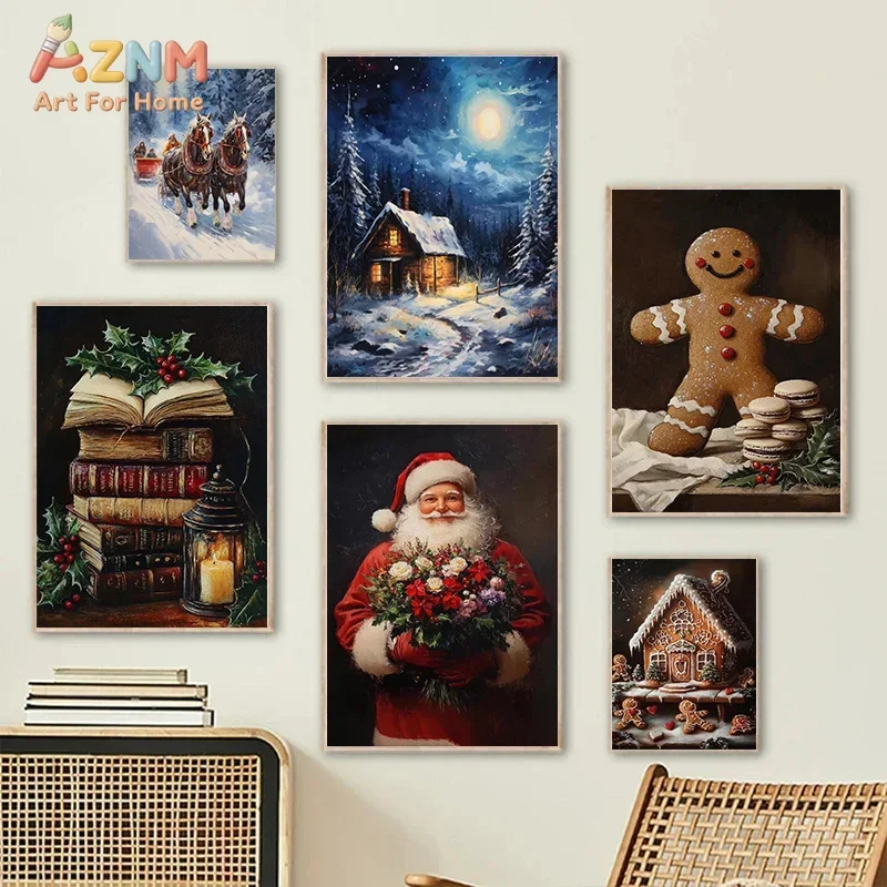 Christmas Holiday Decoration Painting Canvas Wall Art Santa Claus Christmas Tree Snowman Train Biscuits Canvas Poster Home Decor