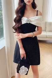 DABUWAWA Tienda Vestidos Elegantes Para Mujeres Off the Shoulder Dresses For Women Bow Empire Spliced dot Skirt Y2K DA1BDR127