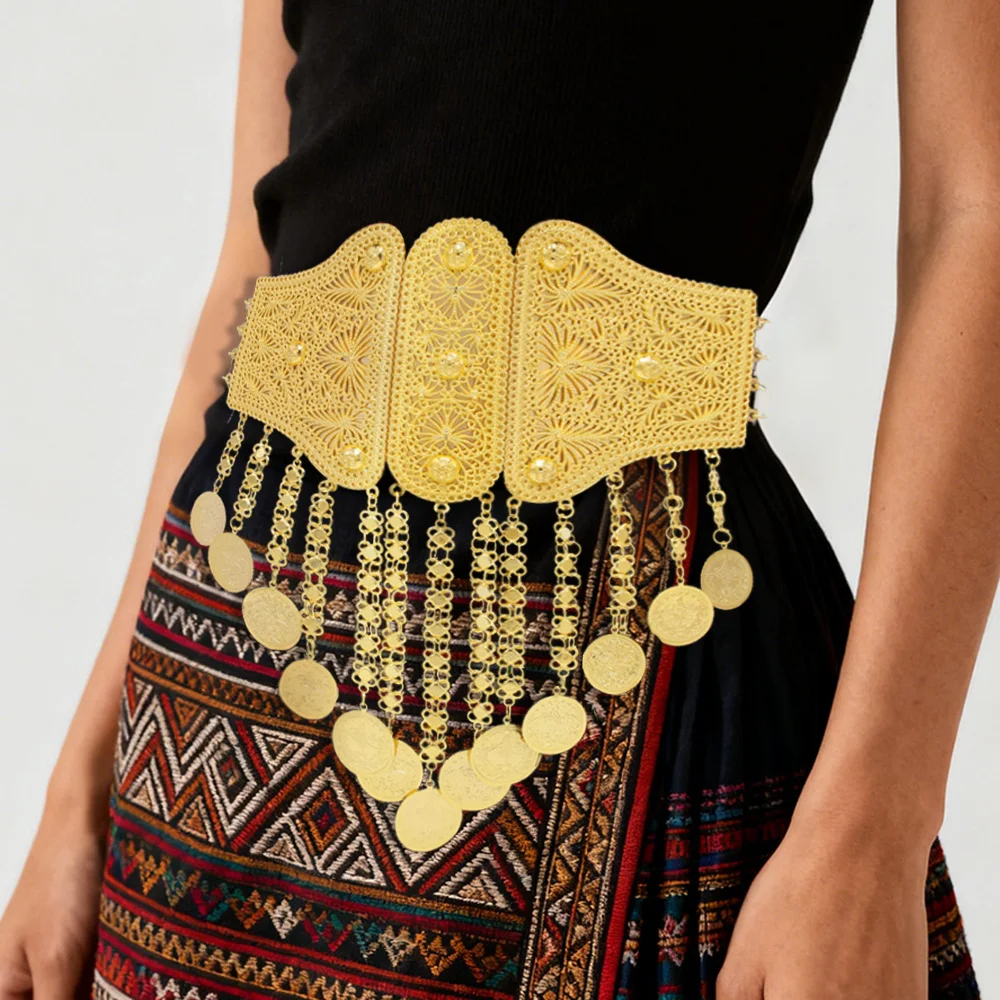 Cadena de cintura ancha chapada en oro estilo árabe indio, cinturón largo francés con borlas de monedas, cadenas de vientre, joyería tradicional para fiestas y regalos.