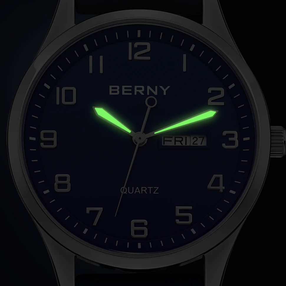 BERNY Uhren für Herren, Quarz, lässig, Sport, Herrenuhren, weiches Silikonarmband, großes Zifferblatt, Kalenderwoche, leicht ablesbare Armbanduhr – Detail 1