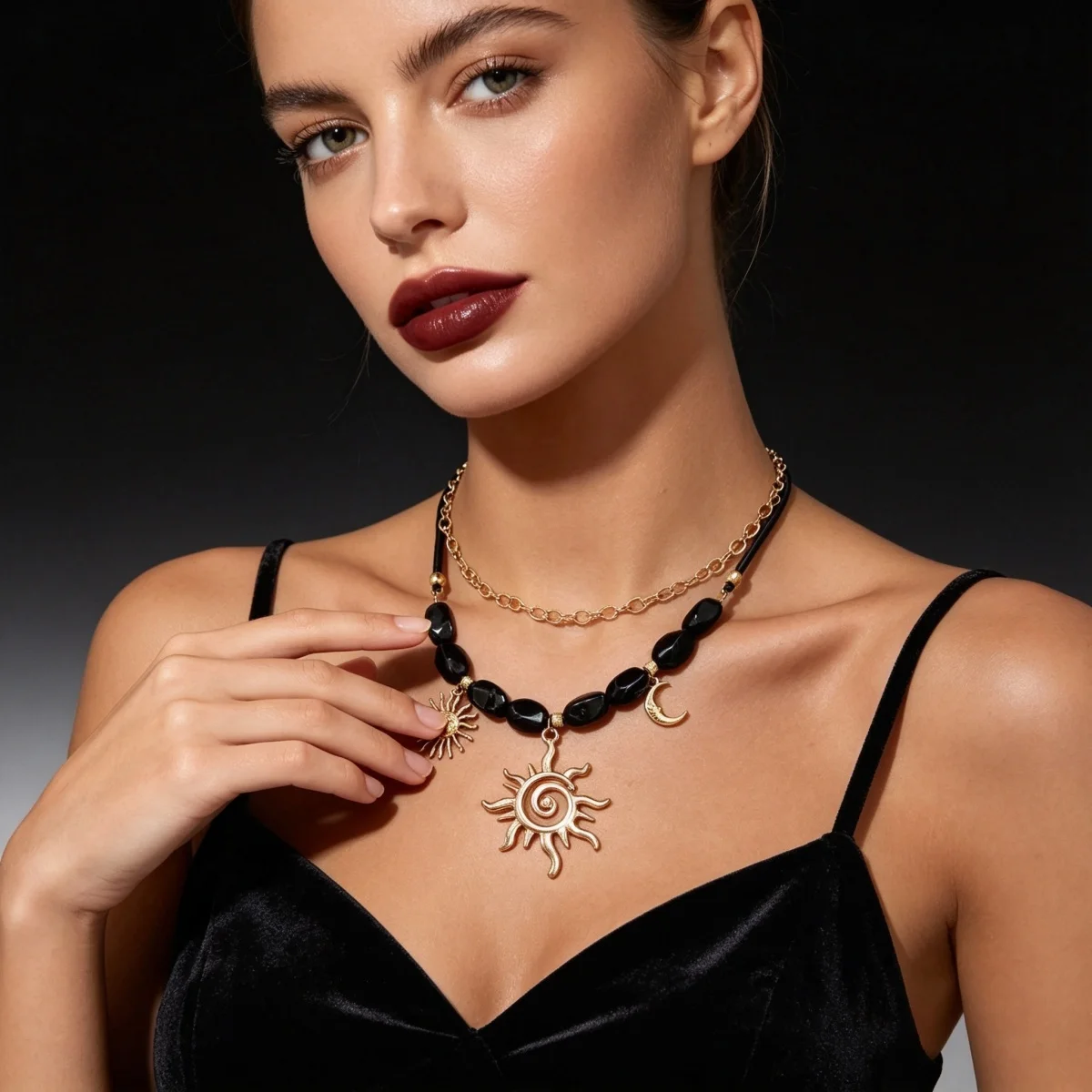 Doppelschichtige Unregelmäßige Schwarze Harzperlen Spiral-Sonne-Mond-Anhänger Halskette für Frauen und Männer Ethnischer Stil Sonnenblumen-Choker Schmuck – Detail 14