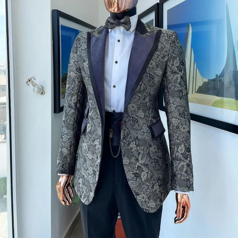 Floral Suits For Men Slim Fit 2 Pcs Peaked Lapel Wedding Groom Tuxedo Custom Made Male Fashion Costume (Jacket + Pants)