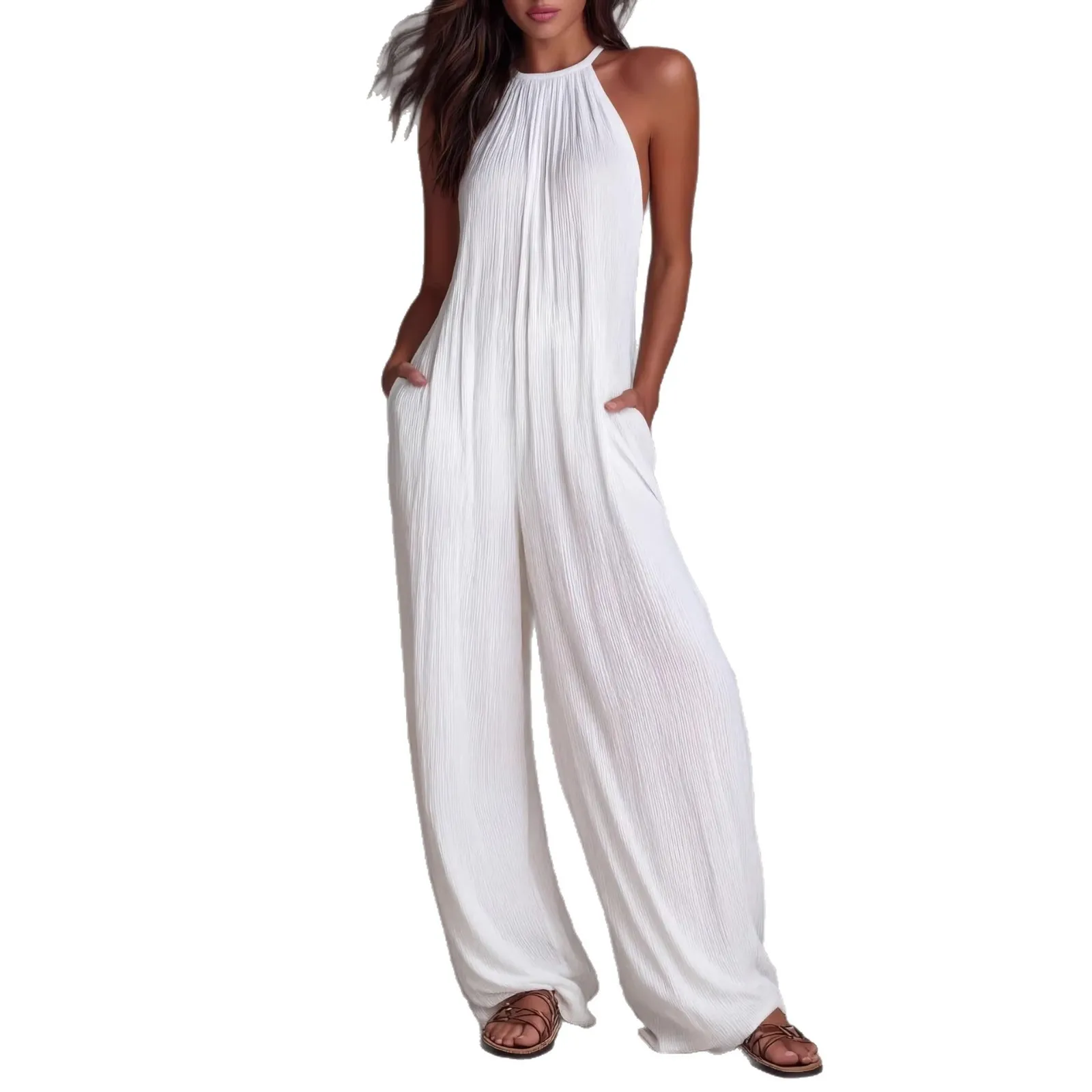 Women's clothing European and American vacation style white pleated backless wide-leg jumpsuit