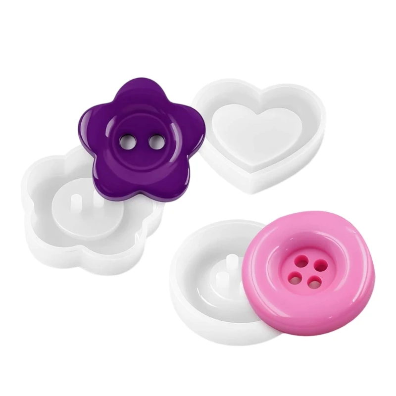 3Pcs Strong Silicone Mould In Heart And Floral Patterns For Resin Buttons M76B