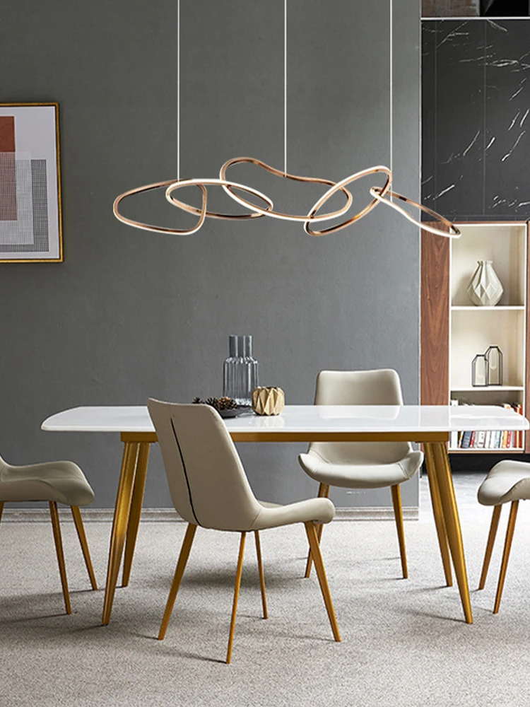Post-modern Stainless Steel Dining Room Chandelier Simple Art Personality Ring Bar Light Pendant Lustre Hanging LED Line Circle