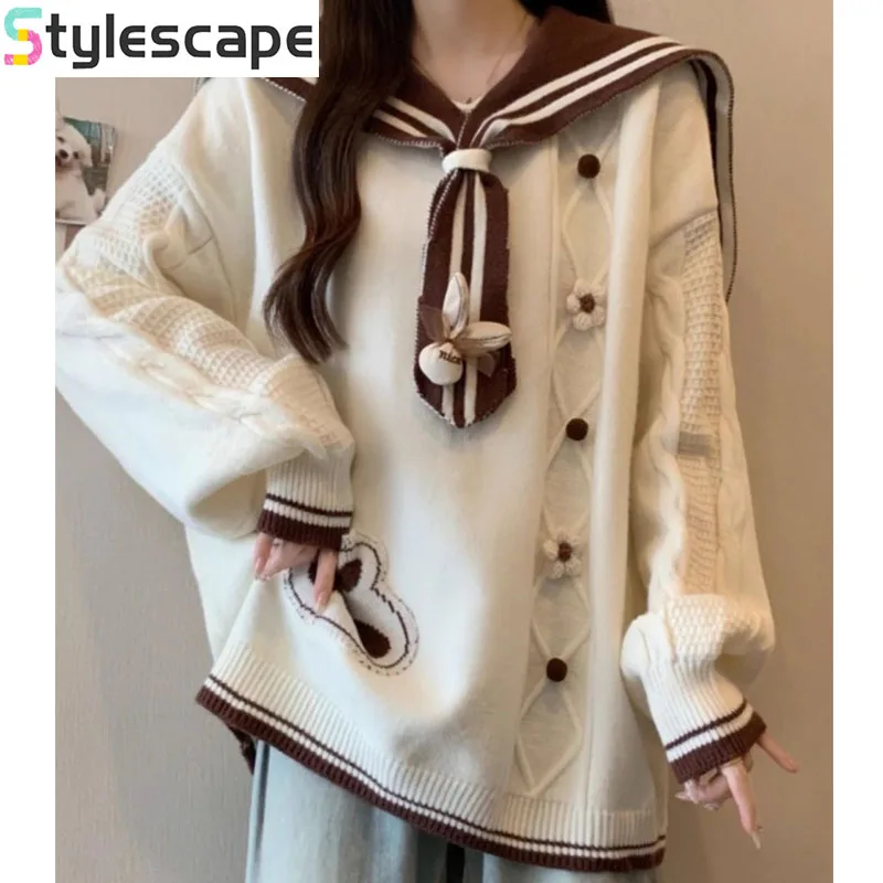 

Melad Coffee Color Knitted Sweater Women's Clothing 2025 Autumn and Winter New Item Medium Long Navy Collar Top Long Sleeve Top