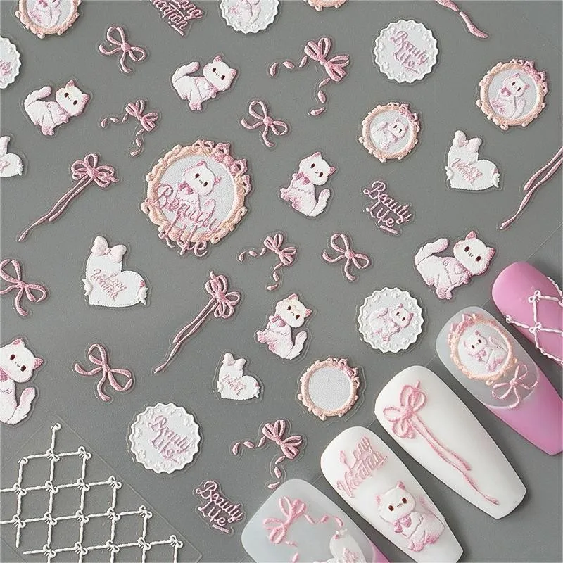 

3D-наклейки для ногтей с рельефным бантом и кошкой, в стиле французского маникюра, с кремовыми сердечками, самоклеящиеся, для маникюра своими руками, хит продаж