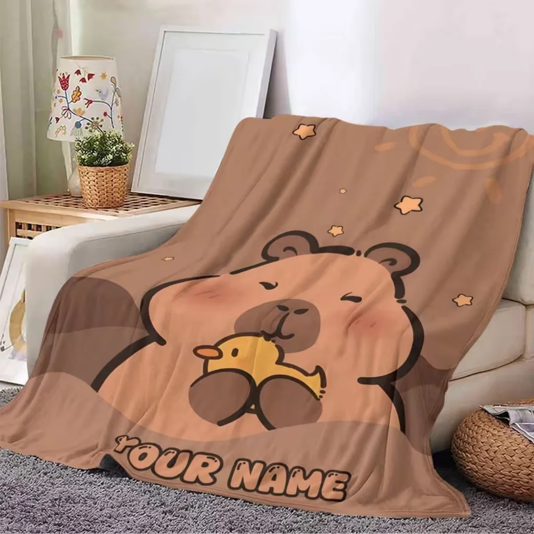 Custom Text Cute Cartoon Capybara Print Flannel Blanket, Warm Cozy Throw for Sofa Bed Office Dorm Camping