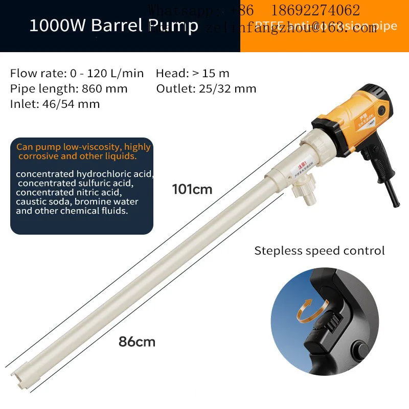 Cavitt 1000W Electric PTFE Anti Corrosion Drum Pump for Low Viscosity Liquid Chemical Transfer Industrial Heavy Duty