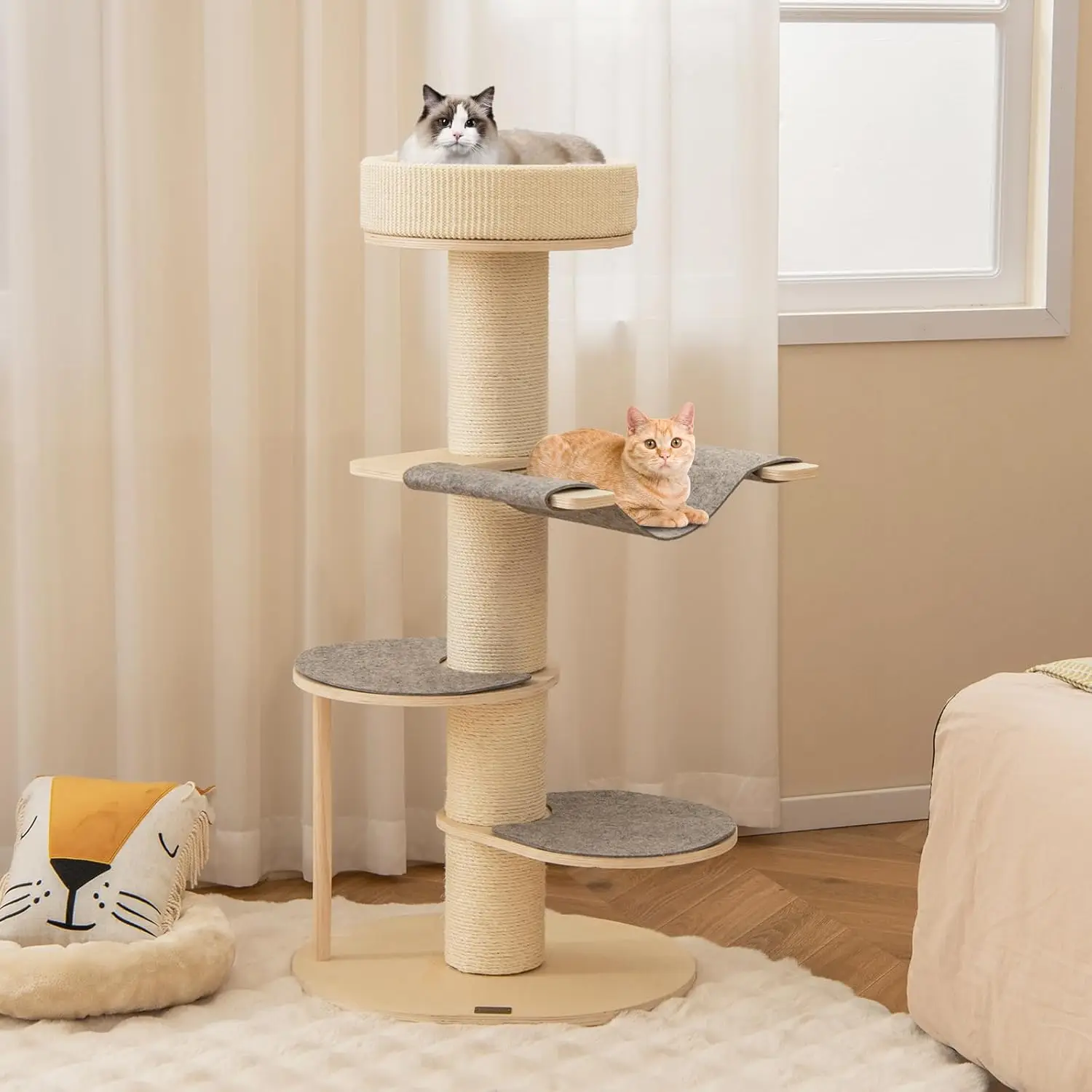 47 inch Cat Tree Tower, Multi-Level Wooden Cat Tower with Sisal Scratching Posts, Cozy Top Perch, Side Hammock