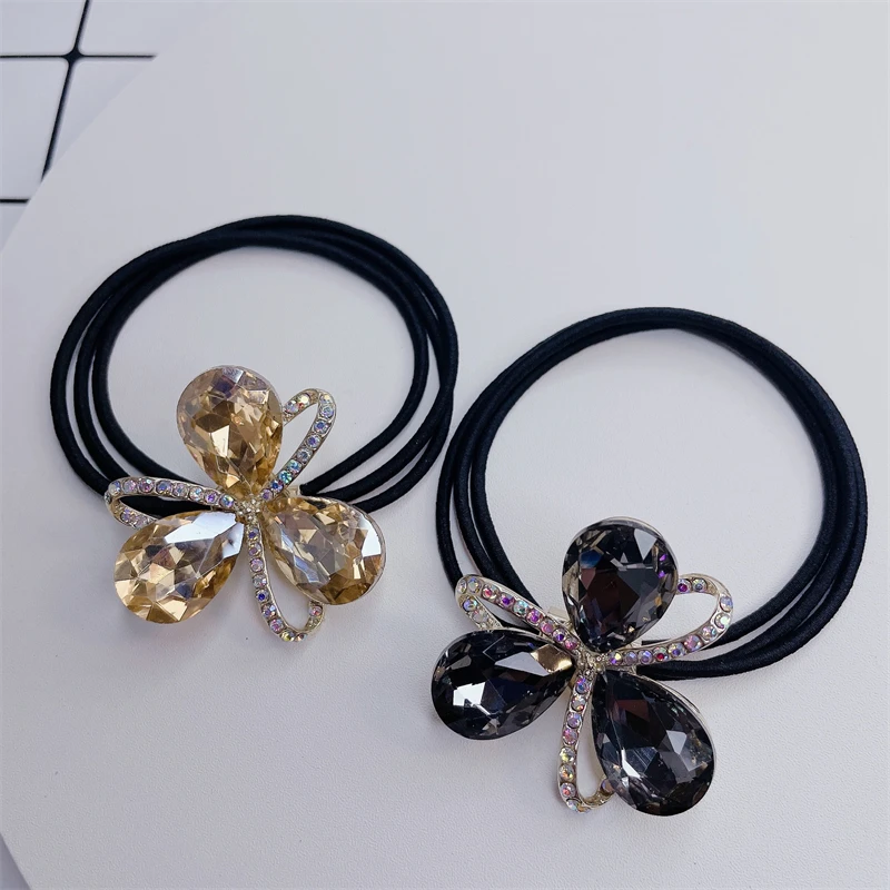 New Fashion Korean Style Alloy Glass Hair Rope For Girl Women Headbands Shining Flower Ponytail Elastic Hair Bands Hair Ties