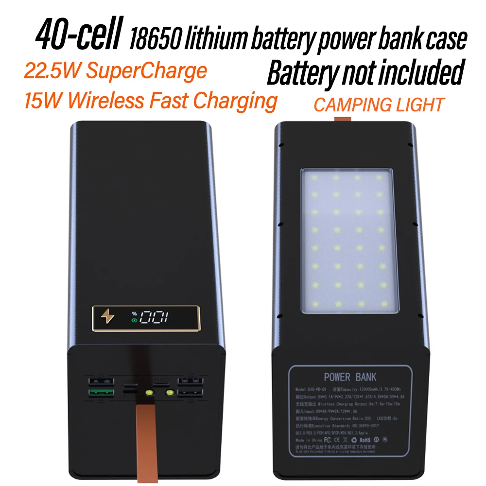 40 Cells 18650 DIY Power Bank Case Kit Detachable No Soldering Wireless Charge Camping Light Mobile Power Shell Without Battery