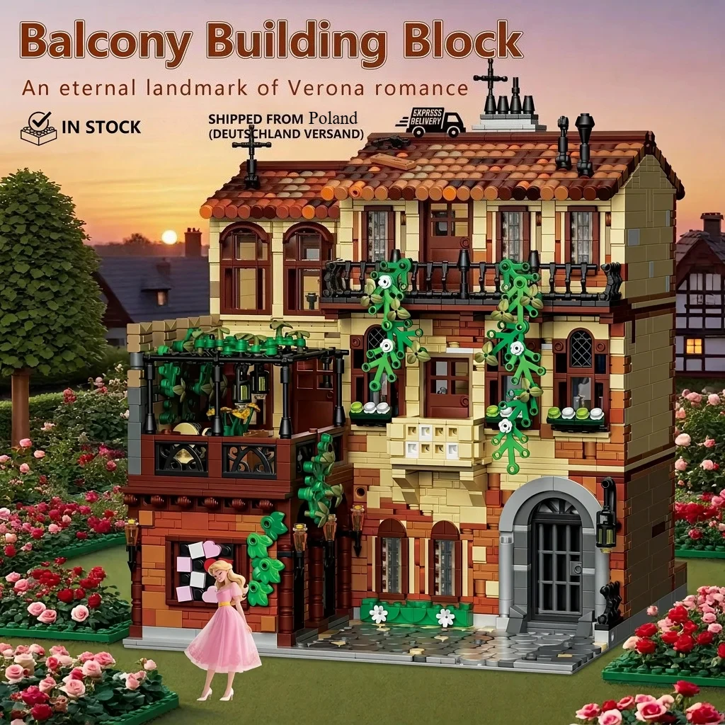 3800-teiliges Romeo und Julia Balkon-Baustein-Set,Mittelalterliche Europäische Straßenansicht Modulares Architekturmodell Bausteine Montage Spielzeug für Erwachsene, Sammlerstück Valentinstagsgeschenk