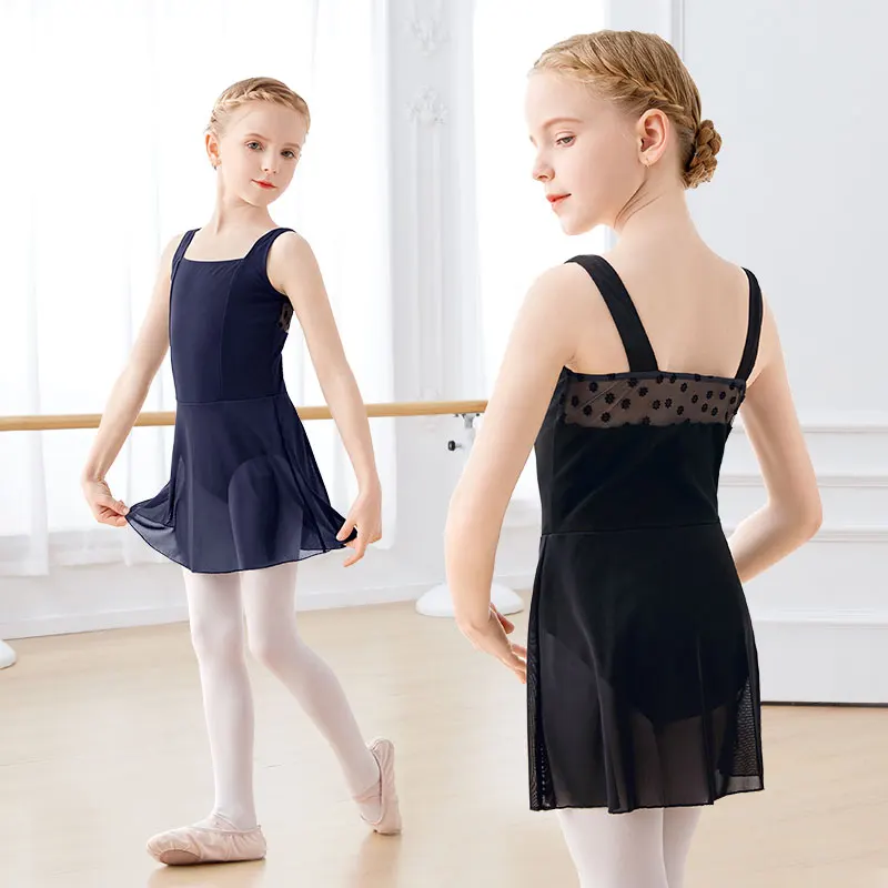 Girls Ballet Dress Dance Leotard Dress Sleeveless Cotton Square Collar Vest Dress Splice Dance Dress For Girls Camisole Dress