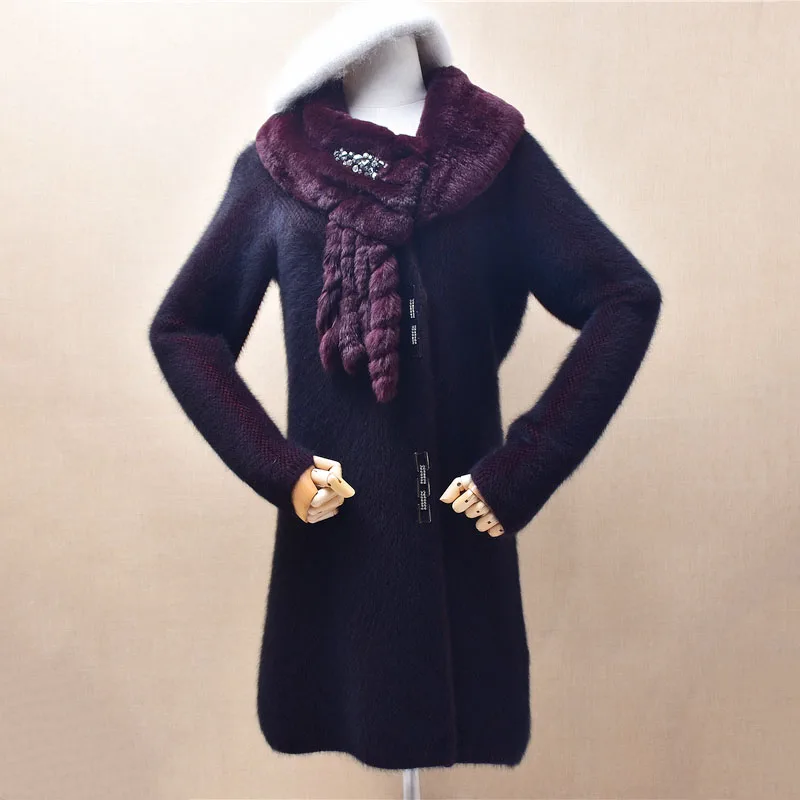 1KG Heavy Thick Women Mujer Autumn Winter Hairy Mink Cashmere Knitted Fur Scarf Collar Medium Long Sweater Cardigans Jacket Coat