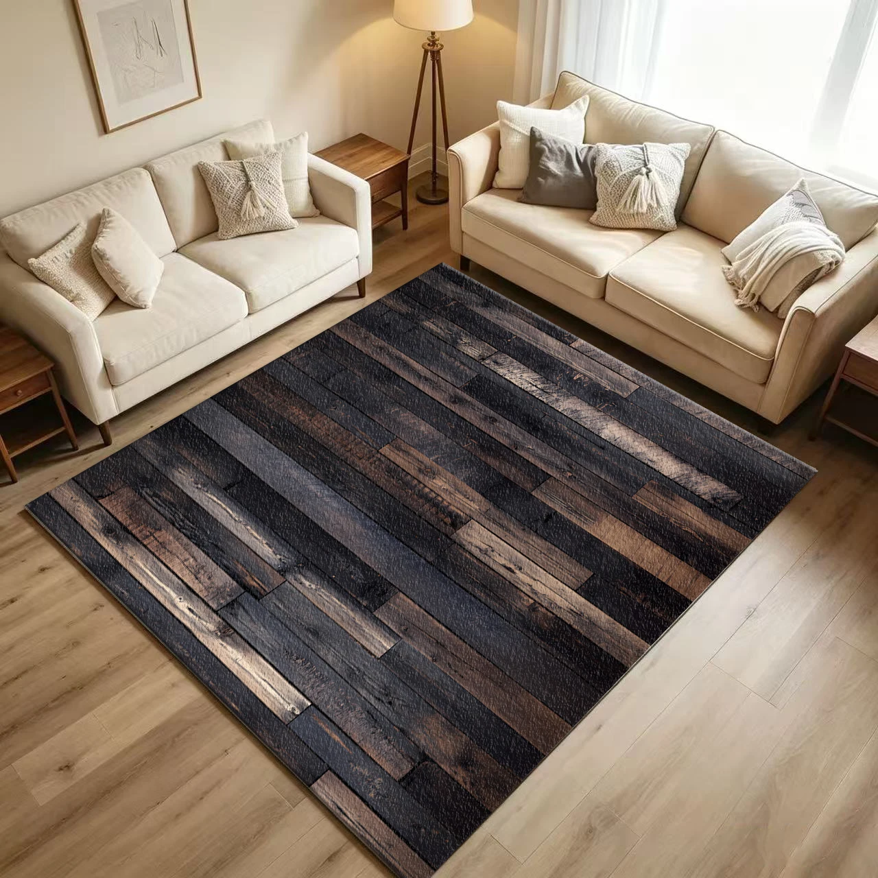 Dark Burnt Wood Vertical Plank Carpet Flooring Vintage Reclaimed Wood Large Area Rug for Industrial Home Decor